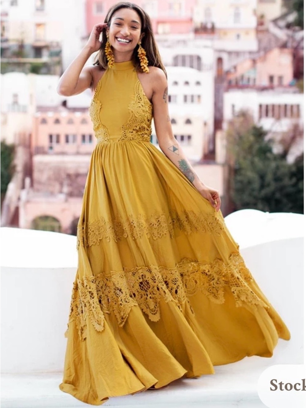 Joyfolie Mustard Yellow Lace Halter Maxi Dress Sz XXS NWT Open Back Boho - Picture 4 of 16